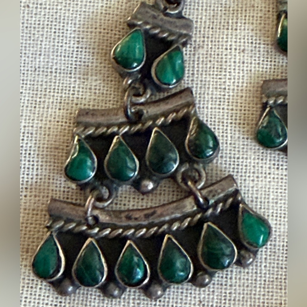 Vintage Mexican Sterling Silver Malachite Green Chandelier Earrings - Picture 3 of 7